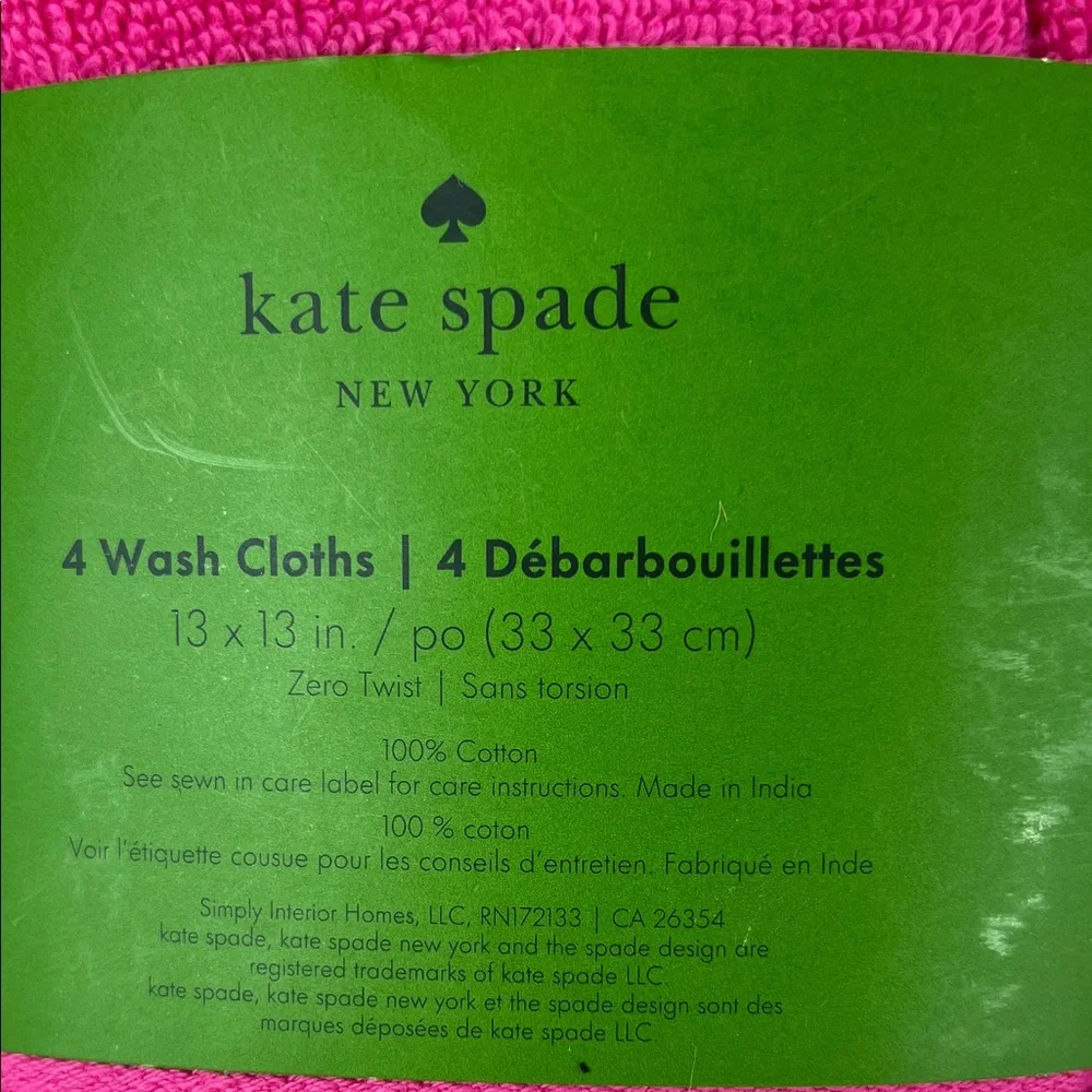 Kate Spade Wash Cloth Set of 4 Bright Pink 100% Cotton 13